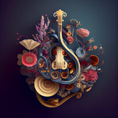 Abstract illustration. The violin is surrounded by flowers.