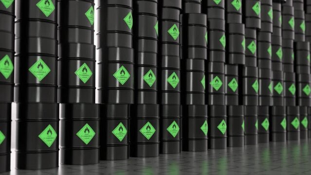Rows of black metal barrels with biological waste. Warehouse of toxic materials. 3d animation of seamless loop