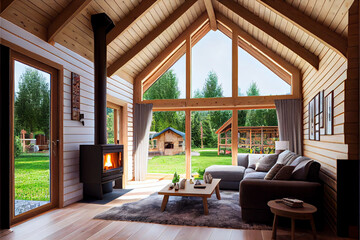 The interior of a wooden house - a chalet with a fireplace, firewood, a sofa and other furniture overlooking the summer yard and the green forest.