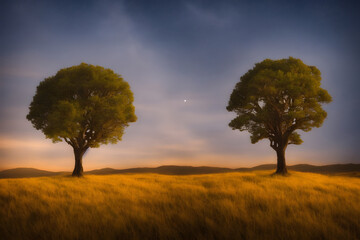 Fototapeta na wymiar Realistic illustration of a tree on a hill or field, Generative AI