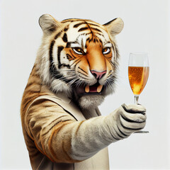 Serious tiger bear panda holding a glass of champagne. The concept of congratulations, holiday. Striped tiger with a glass.
