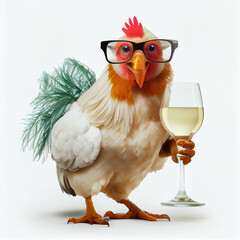 A funny chick or hen in glasses is holding a glass of champagne. The concept of congratulations, holiday. Chicken with a glass. White background.