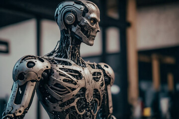 a robot, the skeleton of the robot in frightening appearance, metal and cables with scary face and looks of danger. Generative AI