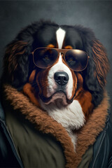 Portrait of a Bernese dog wearing a jacket and sunglasses. Generative ai