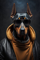 Portrait of a Doberman dog wearing a jacket and sunglasses. Generative ai
