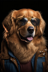 Portrait of a Golden Retriever dog wearing a jacket and sunglasses. Generative ai