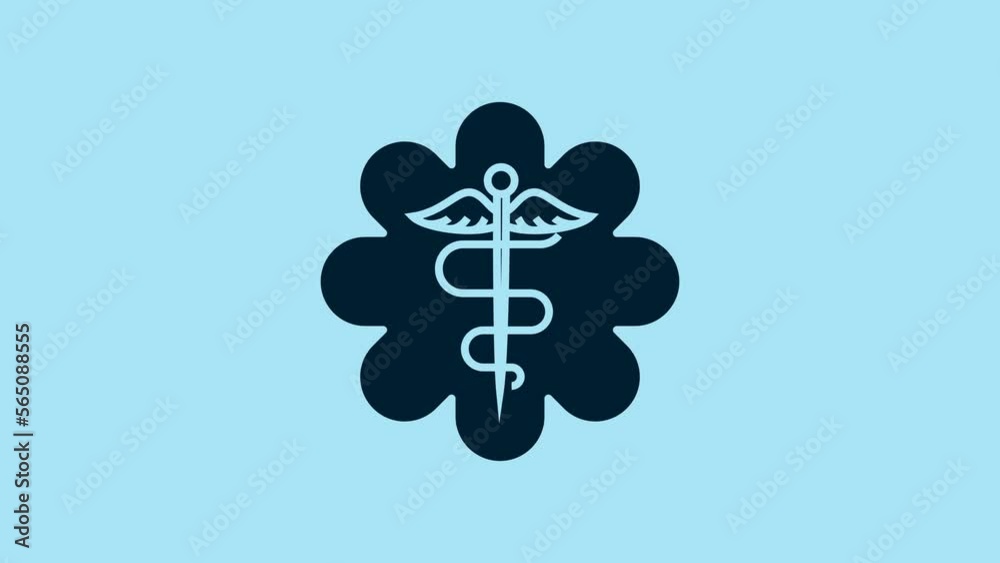 Sticker Blue Emergency star - medical symbol Caduceus snake with stick icon isolated on blue background. Star of Life. 4K Video motion graphic animation