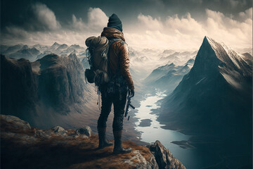 Man on top of a snowy mountain, hiking, trekking, climbing, mountaineering, adventure, alpinist, hiker, snow, snowing, spooky mountain, mount doom, north face, everest. Generative ai