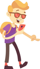 Naklejka premium Kid playing augmented reality game on smartphone. Cartoon character