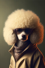 Portrait of a Poodle dog wearing a jacket and sunglasses. Generative ai