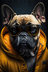 Obraz premium Portrait of a Bulldog dog wearing a jacket and sunglasses. Generative ai