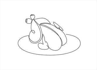 Continuous line drawing. Grilled chicken on plate. Vector illustration black line on white background.