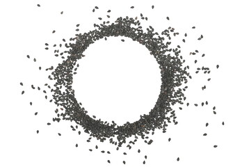 Fototapeta na wymiar Black sesame seeds pile, round isolated on white, top view