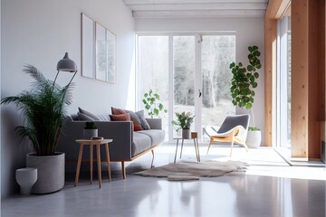 Obraz premium Modern white living room. Hi-tech scandinavian style. Generative AI