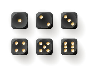 Dice of vector gambling games design, casino, craps and poker, tabletop or board games. Realistic black cubes