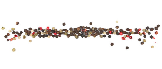 Colorful peppercorn mix, pepper grains line frame and border pile isolated on white, top view