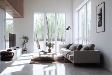 Modern white living room. Hi-tech scandinavian style. Generative AI