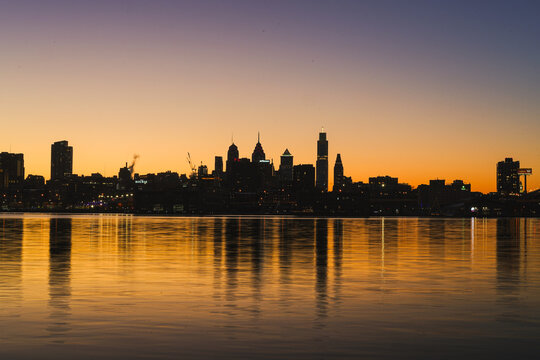 city skyline at sunset
