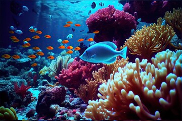 Fototapeta na wymiar Underwater coral reef world with fish, crabs, and algae. Generative AI