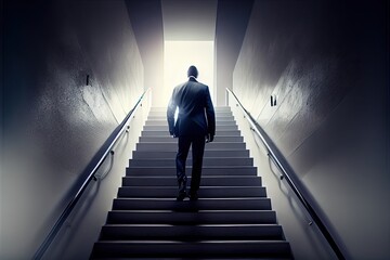 Businessman walking on stairs upstairs towards the light. Growth and business success concept. Generative AI