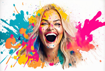 Having fun and being happy, a young woman is overjoyed and exploding in colors, colorful happiness and joy. Generative AI