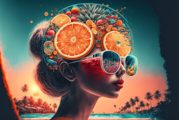 Summer feelings on my mind, abstract summer design with oranges and fruits and a young woman at a hotel complex on the beach with an infinity pool, sunglasses and a creative headdress. Generative AI - obrazy, fototapety, plakaty
