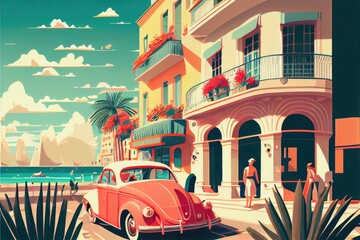 Retro vintage luxury car near an expensive hotel near the ocean. Mediterranean vibes. Generative AI