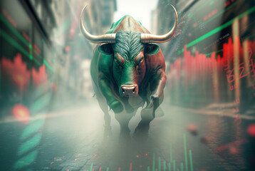 bull market, a green bull powerfully runs through a narrow street, high concentration as a strong will in the eyes of the bull, concept of business and stock market. Generative AI