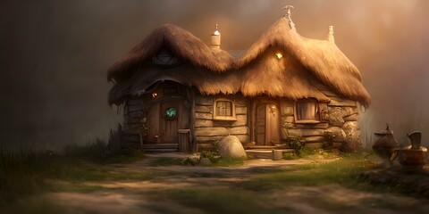 Fototapeta na wymiar A Painting Of A House With A Thatched Roof, Marvelous Illustration Background Wallpaper. Book Cover Or Game Digital Concept Art Illustration. AI Generated.