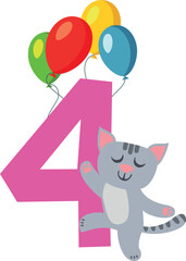 Four years birthday. Kid age number with cute cat