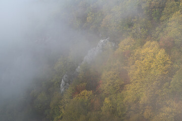 Rock surrounded with forest in autumn colors on mountain slope, fall season in mountains
