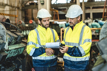 professional technician engineer with safety hard hat working to maintenance construction equipment in industrial factory, inspection man having manufacturing occupation job of production technology