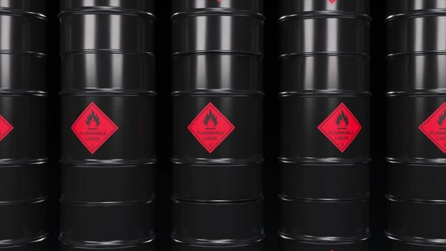 Black barrels with oil and combustibles. Flammable toxic waste. Pollution. 3d animation of seamless loop
