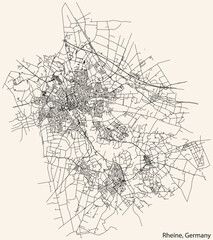 Fototapeta na wymiar Detailed navigation black lines urban street roads map of the German town of RHEINE, GERMANY on vintage beige background