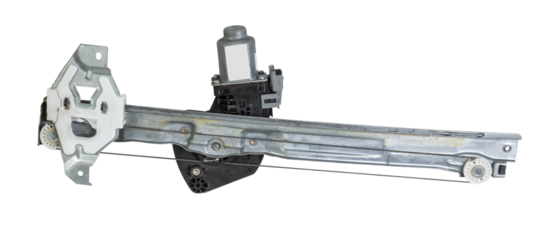 Electric window mechanism for a car on a white isolated background. Automotive spare parts catalog.