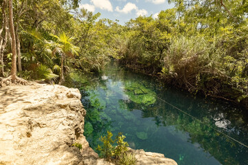 Amazing turquoise water cenote at casa Tortuga in Tulum, Mexican cenote natural beauty, Tulum, Mexico