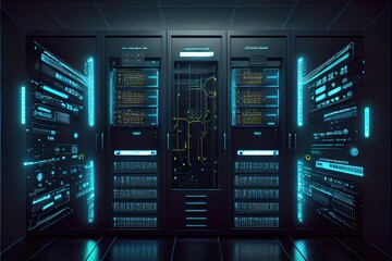 Big cloud data center, computer networking server room warehouse. Information technology concept. Generative AI