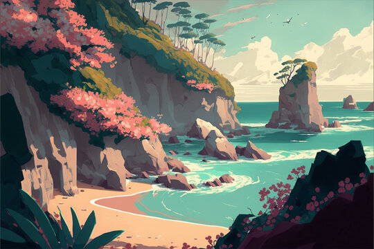 Lovely relaxing cell-shaded landscape calm shores of Hawaii "Generative AI"