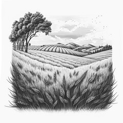 Farm, agriculture sketch. Rural landscape in engraving style. Vector Illustration of hand drawn doodle. Woodcut. Generative ai