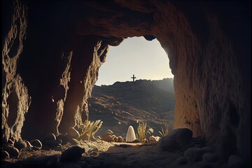 Empty tomb cave with a cross in the background. Easter and good Friday concept. Generative AI