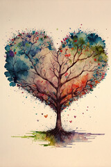 The Tree of love. Heart tree. Symbol of love. Heart watercolor painting. Watercolor valentines day background