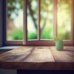 Empty wooden table in front of an open window with blurred green nature garden background. Generative AI