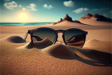 Fototapeta na wymiar sun glasses on the beach in the sand. Generative AI