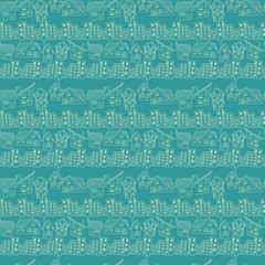 Seamless pattern with outline houses on blue background
