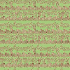 Seamless pattern with outline houses on green background