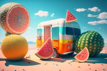 creative abstract camper on beach with melons . Generative AI - obrazy, fototapety, plakaty