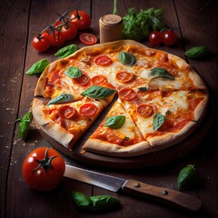 Pizza with mushrooms, tomato, and cheese. Generative AI