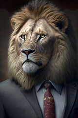 A concept of businessman. One idea is that the businessman has the head of an animal. Portrait of a lion dressed in a formal suit. The image was created with artificial intelligence. AI