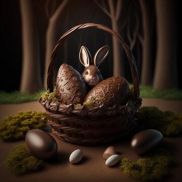 Cesta de vime com ovos e coelho de chocolate, p&aacute;scoa