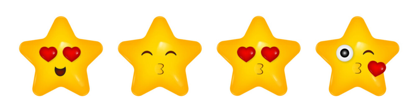 Set of 3d icons. Yellow star with a smiling face. Happy cartoon character. Emoji. Heart-shaped eyes. In love smile. Red hearts. Air kiss. Lips
